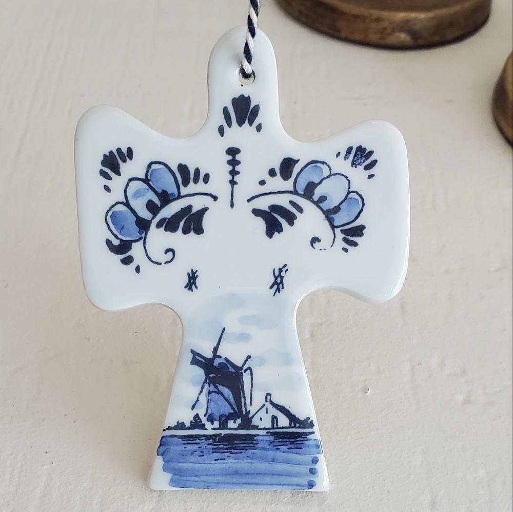 Vintage Holland Delfts Pottery Hanging Cross Ornament, Windmill, Blue/White